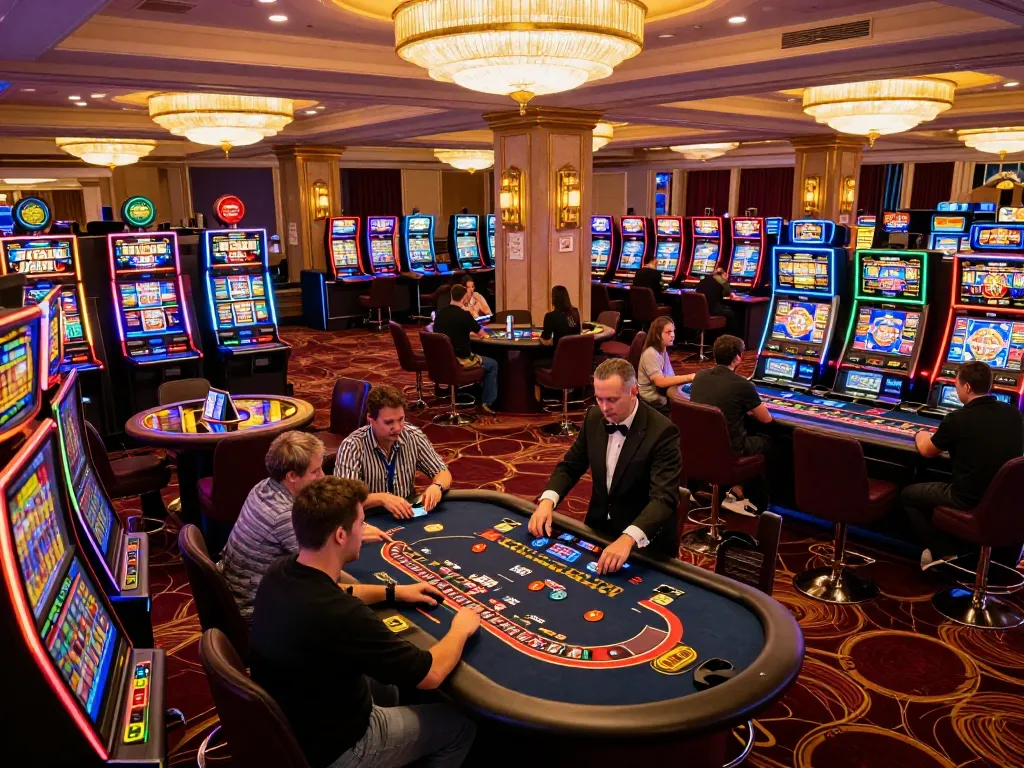 Players engaging in exciting gameplay at nhà cái lv88 casino, showcasing vibrant slot machines and poker tables.