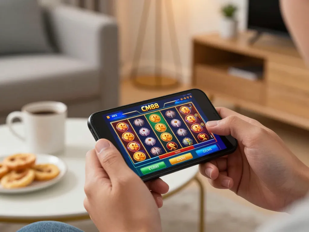 Engaging smartphone gaming experience with CM88 casino app showing exciting slots in a cozy home setting.
