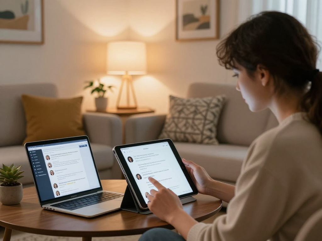 Engaging in AI chat porn on a tablet in a cozy living room.