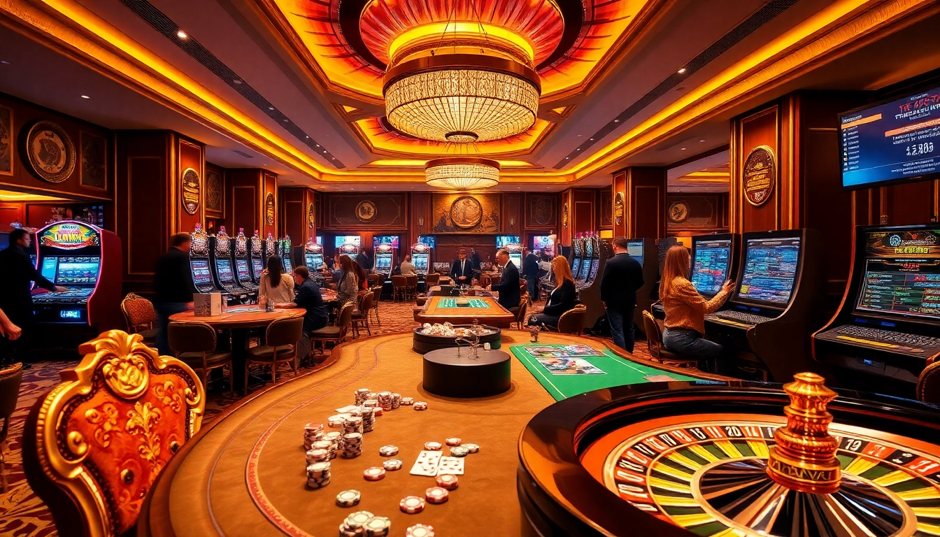 Engaging scene at Nhà Cái 68VIP showcasing vibrant casino action with professional dealers and slot machines.