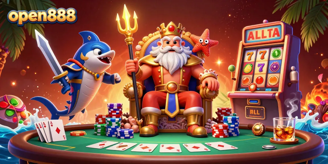 Engage with open888's exciting slot gameplay featuring Neptune and samurai in a vibrant casino scene.