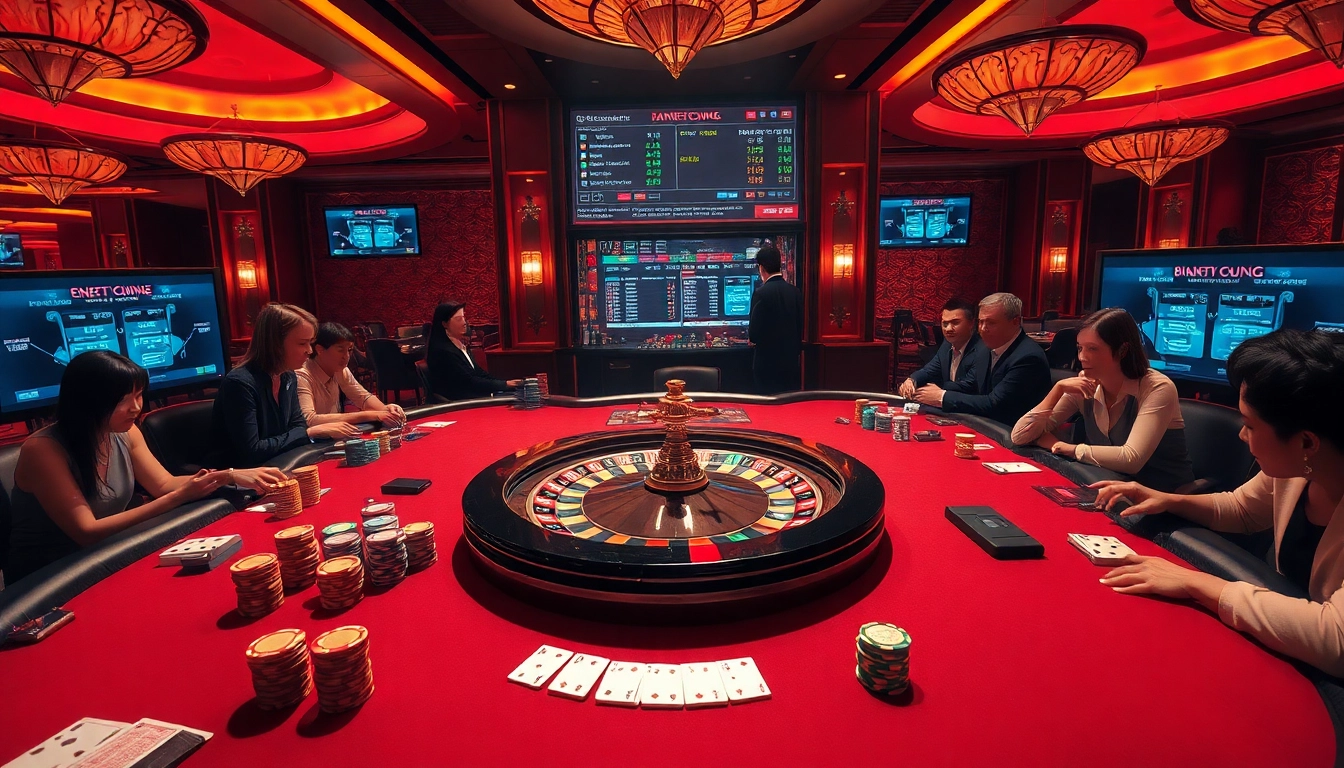 Kèo nhà cái strategies depicted in an upscale casino with dynamic gaming action and luxurious atmosphere.