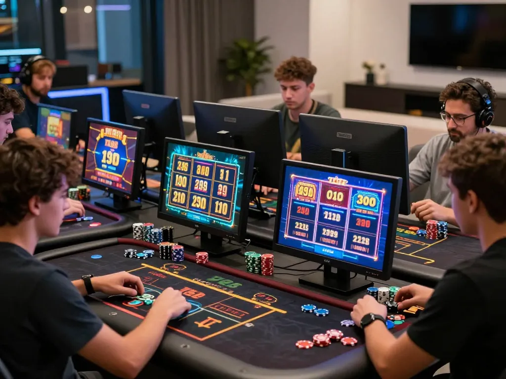Players engaging with TK88 casino games on devices in a lively home setting.