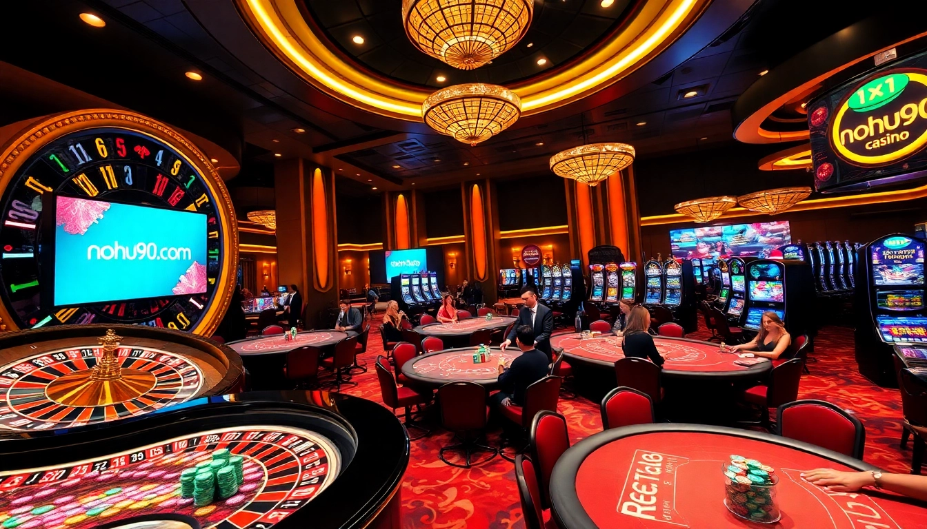 Experience thrill and excitement at nohu90 com with vibrant casino visuals of poker tables and slots.