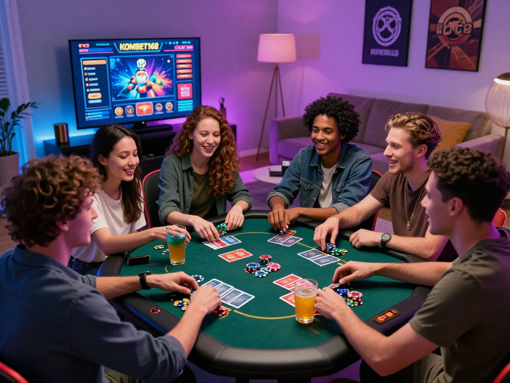 Engaged friends enjoying KOMBET168 gaming experience at home with vibrant atmosphere.