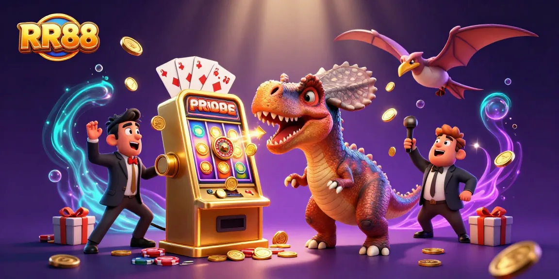 RR88 showcases a dynamic casino scene with dinosaur characters winning coins at a slot machine.