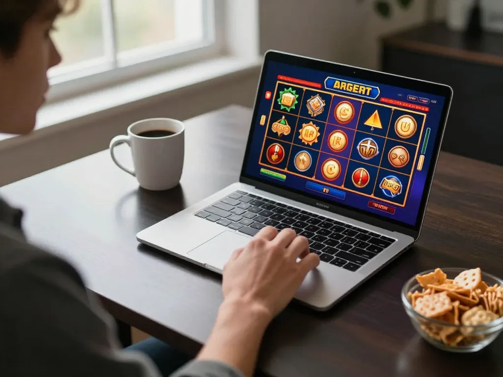 Engaged player exploring Top 10 nhà cái uy tín options on laptop, vibrant online slots displayed.
