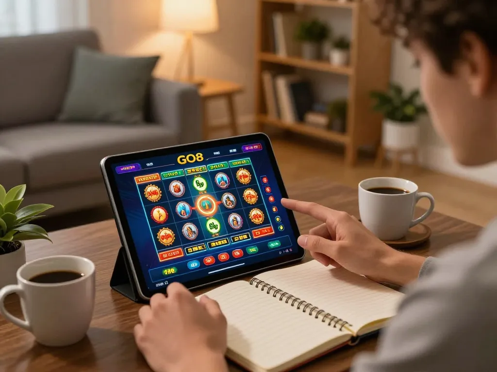 Player enjoying the GO8 casino app in cozy living room, highlighting responsible gaming.
