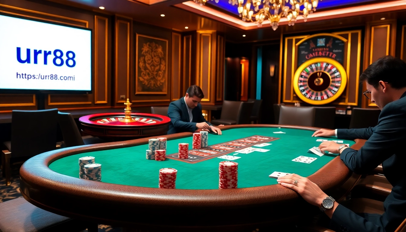Exciting poker action at RR88 Casino with vibrant chips and cards, visit https://urr88.com/ for gaming!