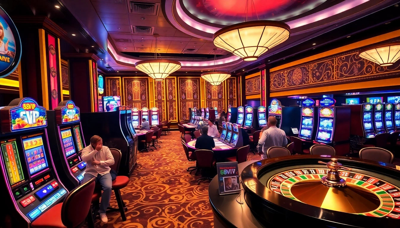 Players experiencing excitement at 68VIP casino games with vibrant slot machines and tables.