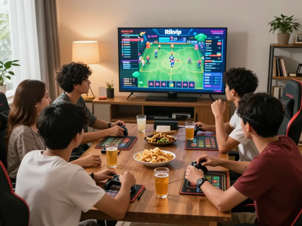 Friends enjoying rikvip online gaming together in a cozy living room atmosphere.