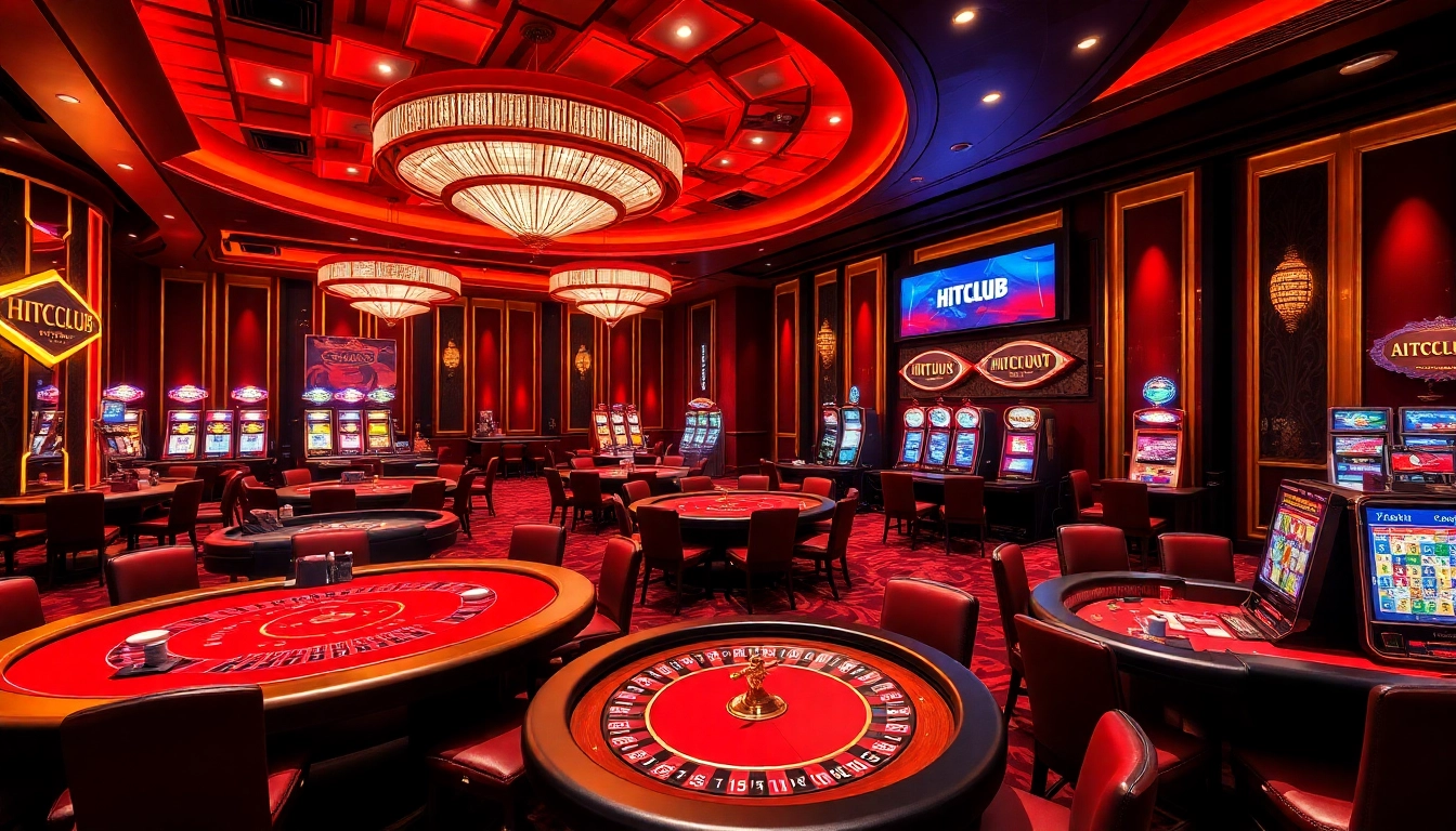 Experience the excitement of HITCLUB in a vibrant casino setting with poker tables and roulette wheels.