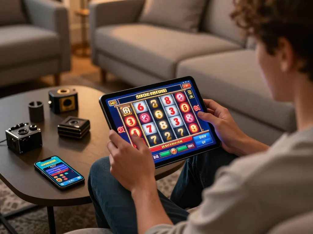 tg88 win at online slots, showcasing comfortable gaming setup with tablet and vibrant graphics.