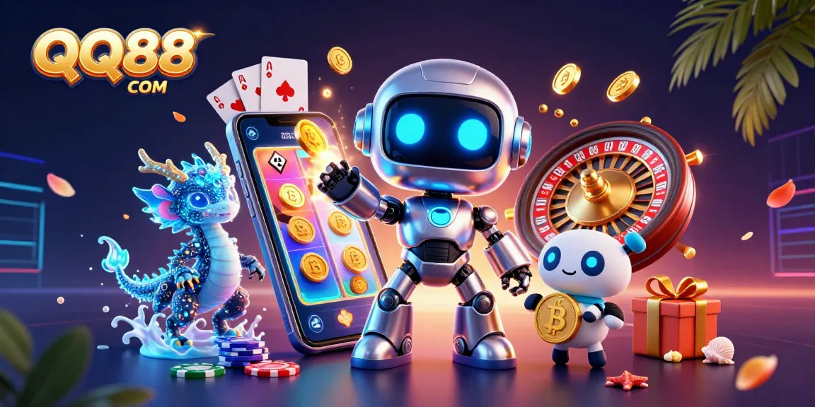 Engage with QQ88 COM through an exciting 3D casino scene featuring a robotic mascot and gaming elements.