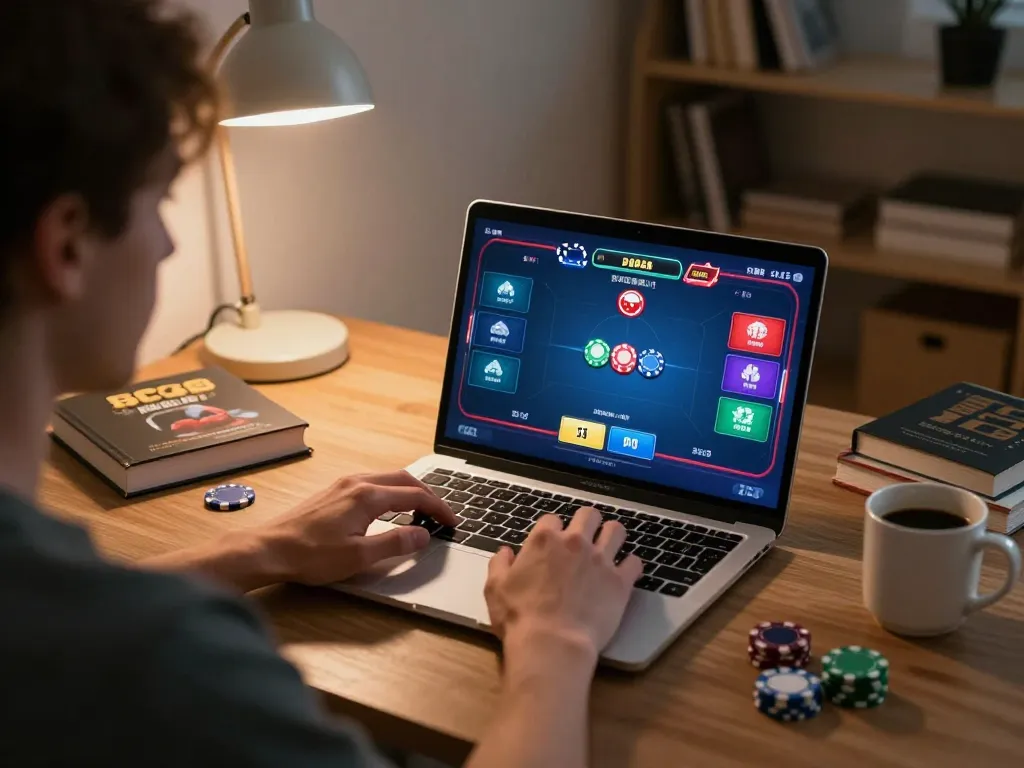 Player engaging in an online poker game at SC88, laptop screen displaying game interface with competitive focus.