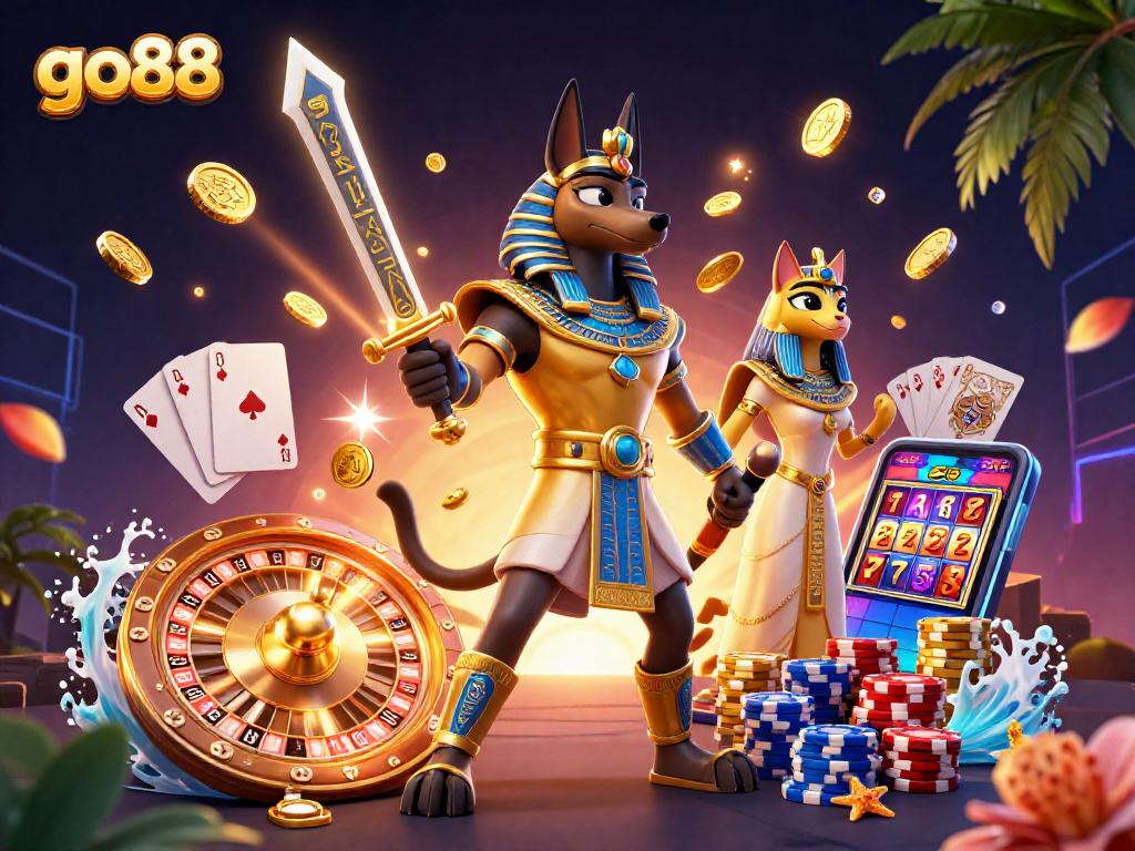 Experience thrilling wins at go88 with captivating 3D Egyptian-themed casino elements in a vibrant scene.