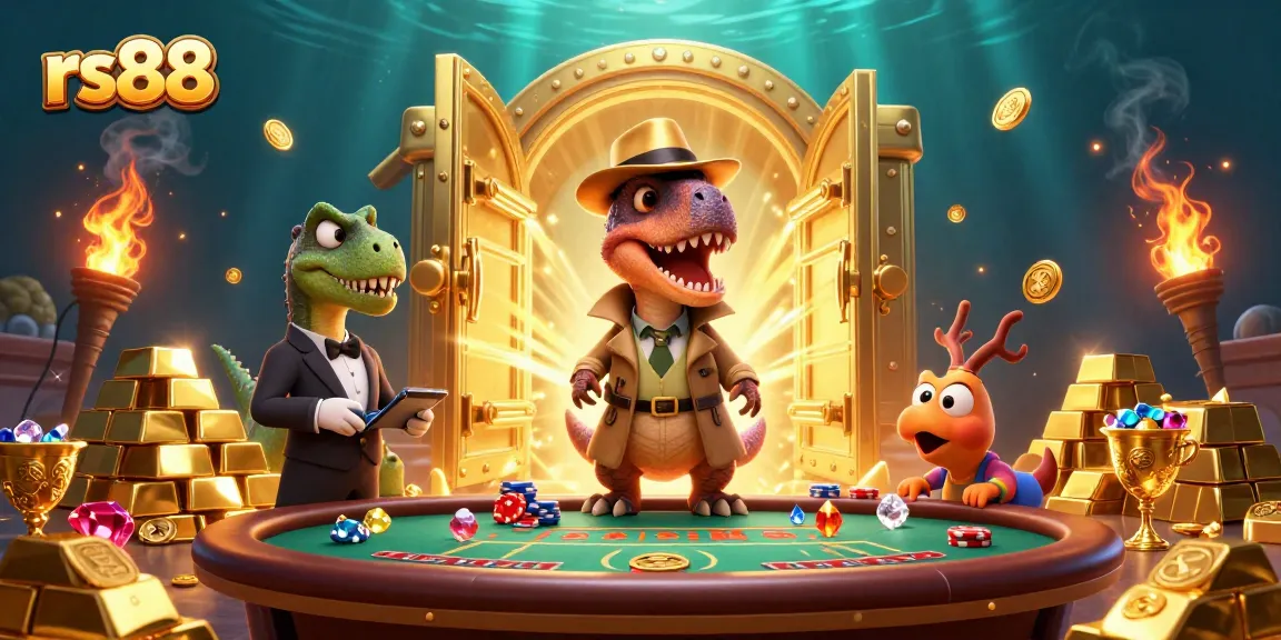 Experience thrilling gameplay at rs88 with cartoon dinosaurs at a blackjack table.
