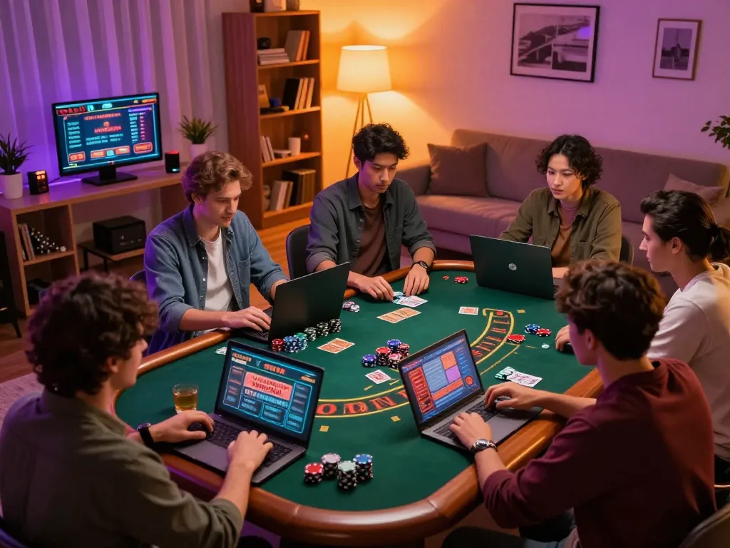 Players enjoying blackjack at TR88 online casino in a stylish living room with warm lighting.