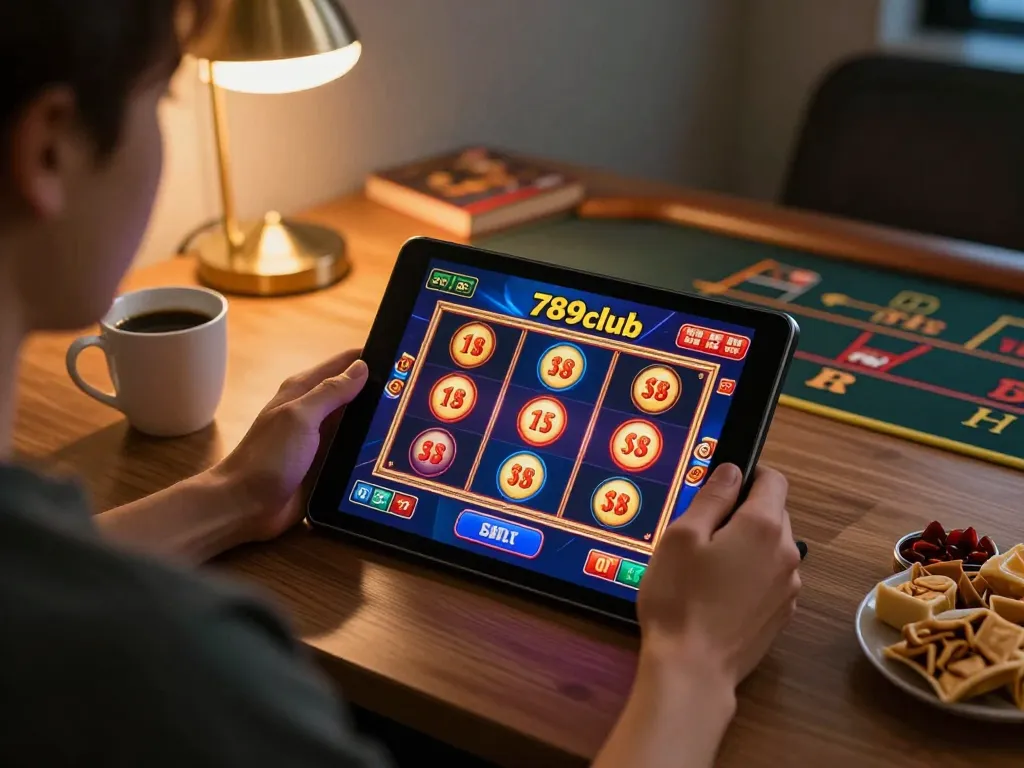 Player enjoying 789club slots on a tablet at home, showcasing a cozy gaming atmosphere.