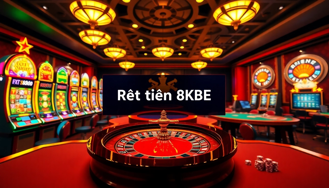 Rút tiền 8KBET showcased on a vibrant casino floor with slot machines and poker tables.