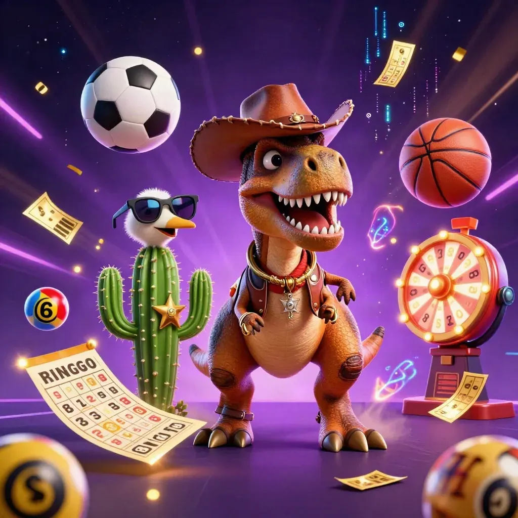 Cowboy T-Rex, cactus and roadrunner amid casino props and neon energy on a starry purple backdrop.