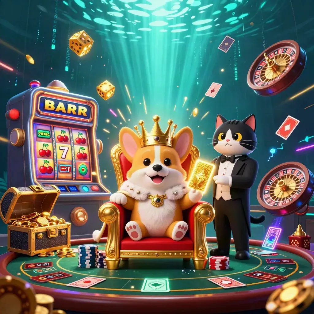 Royal corgi and cat butler amid a casino jackpot explosion with gold, dice, and neon effects.