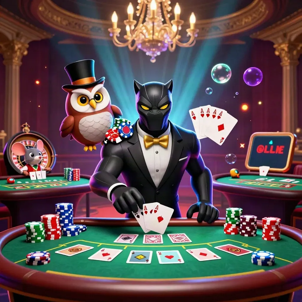 Panther, owl, and mouse deal cards amid gold chips, neon glow, and casino luxury.
