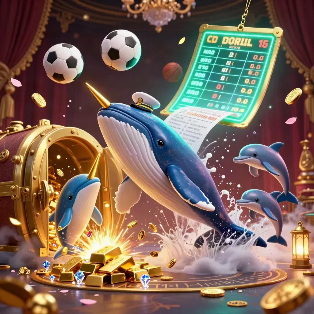 Whale captain, narwhal and dolphins burst through coins and gold in a dark casino fantasy.