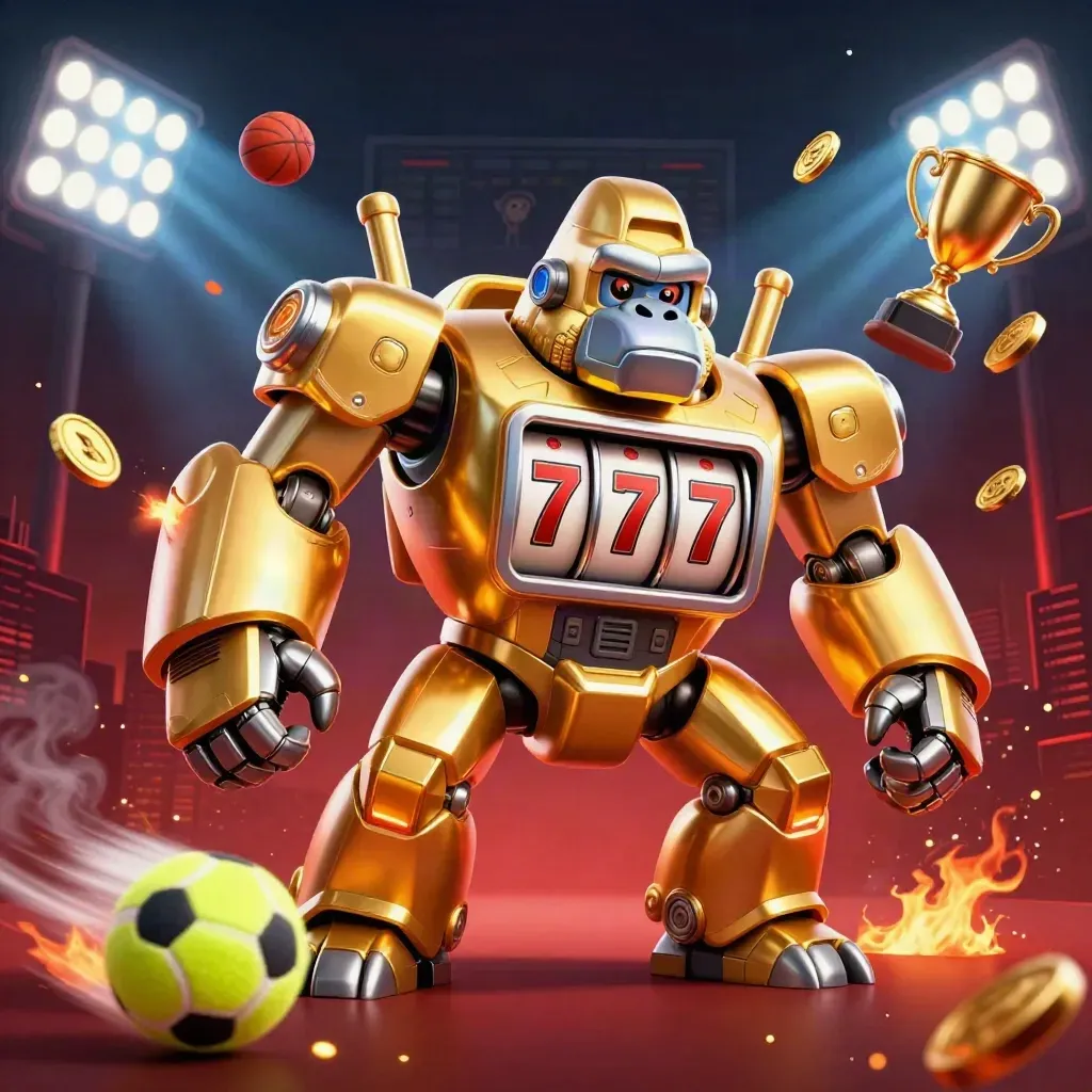 Golden gorilla slot-mech explodes with balls, coins, trophy, floodlights and a tiny monkey pilot.