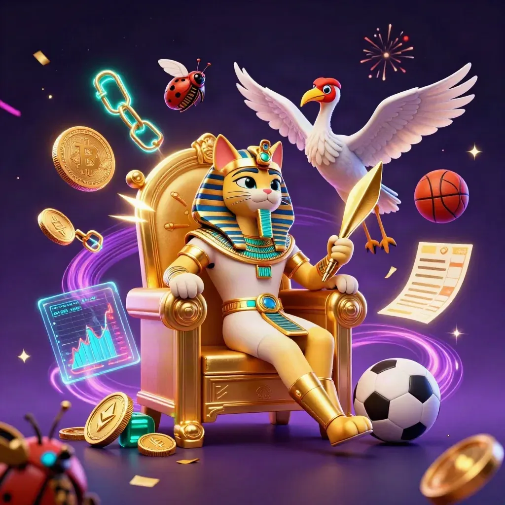 Pharaoh cat, ibis scribe, coins, sports balls, and neon casino magic on a dark starfield.
