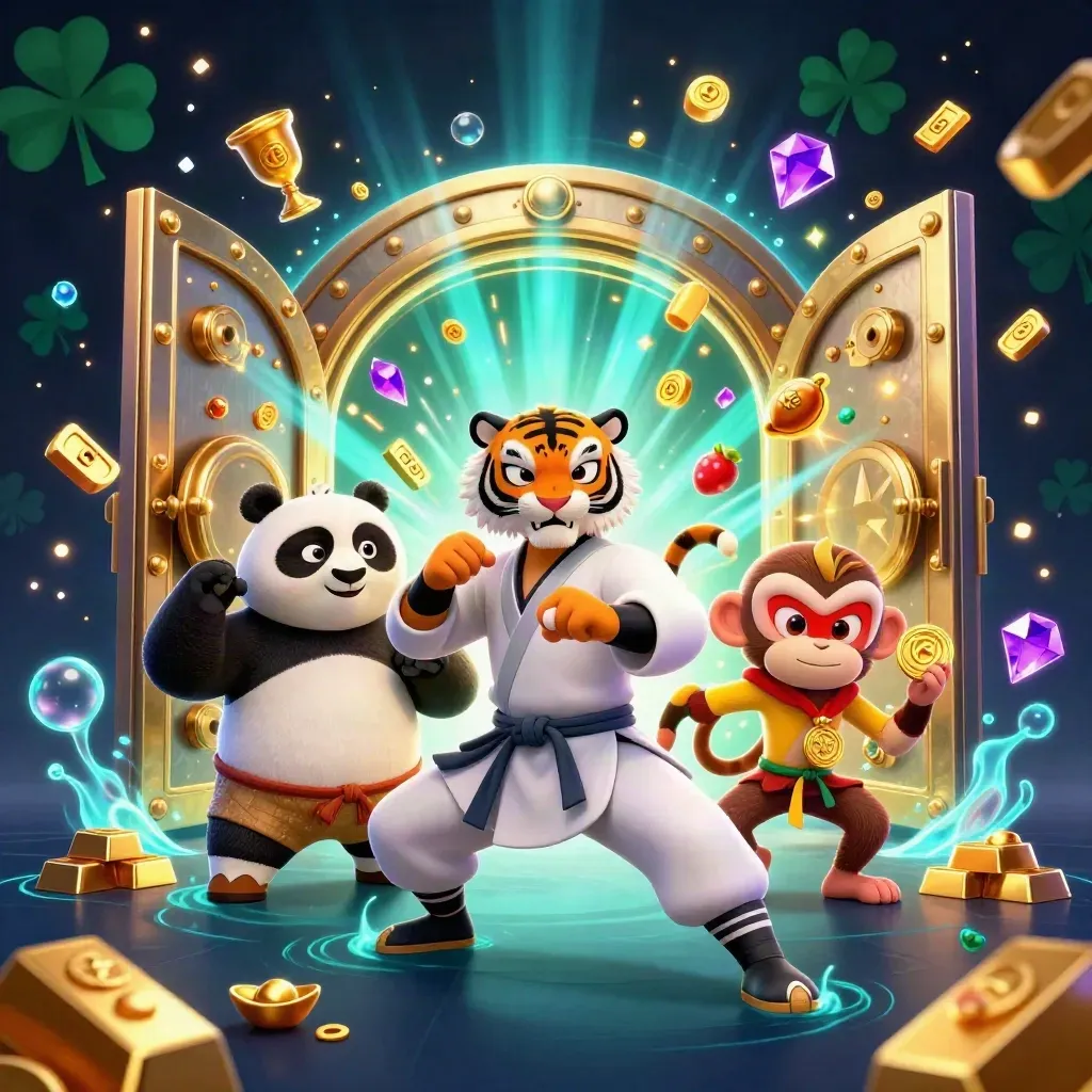 Kung-fu tiger, panda and monkey amid a gold vault blast with gems and glowing casino emblems.
