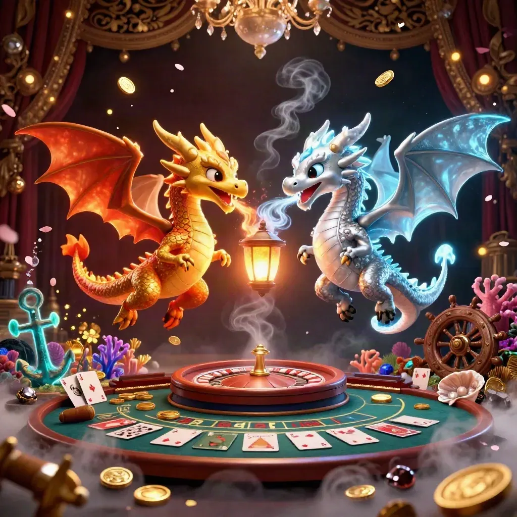 Gold and silver dragons yin-yang over a luxe casino treasure cove with chandelier glow.