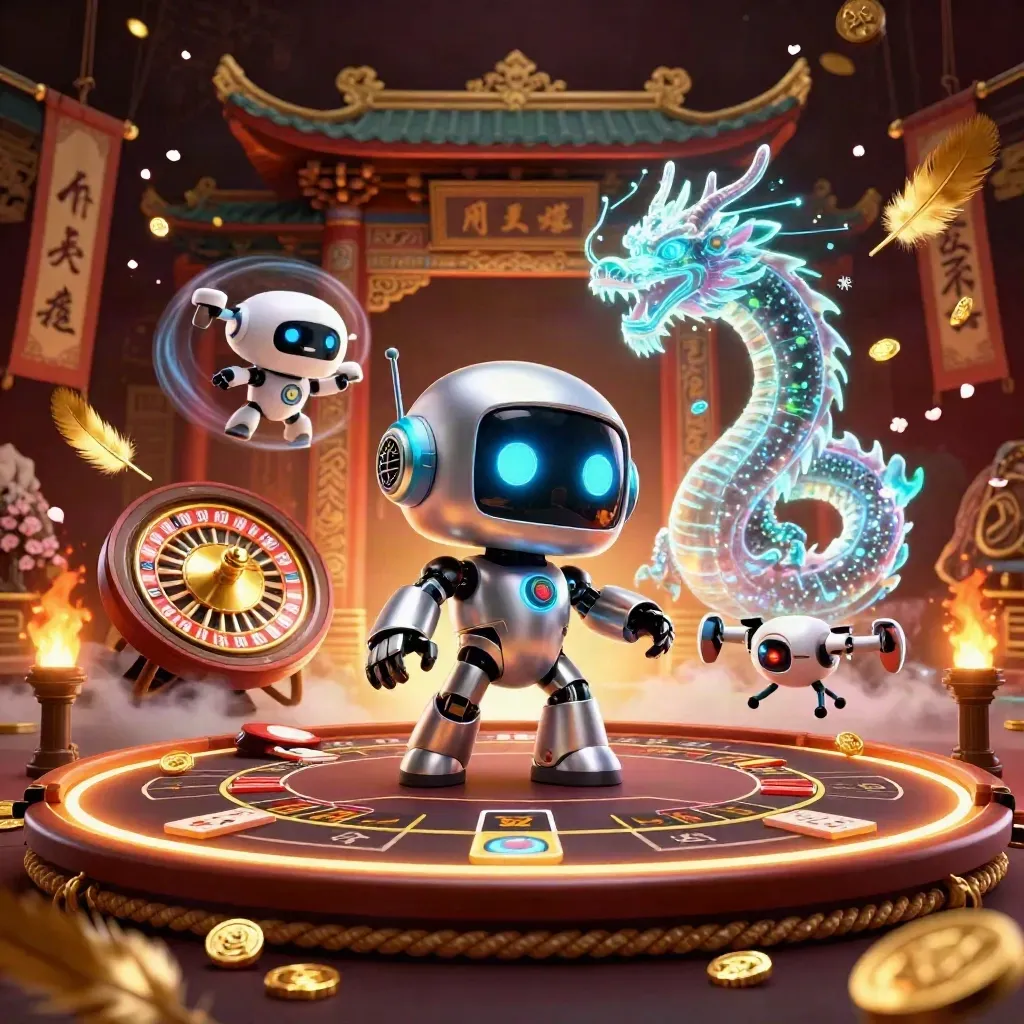 Cyberpunk robot, holographic dragon and coin drone in a luxe casino fantasy room with roulette glow.