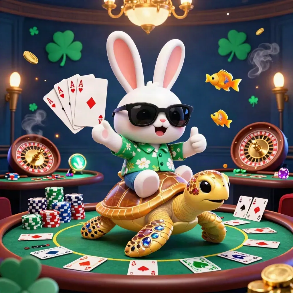 Lucky rabbit rides jeweled turtle amid casino cards, chips, and a spinning wheel.
