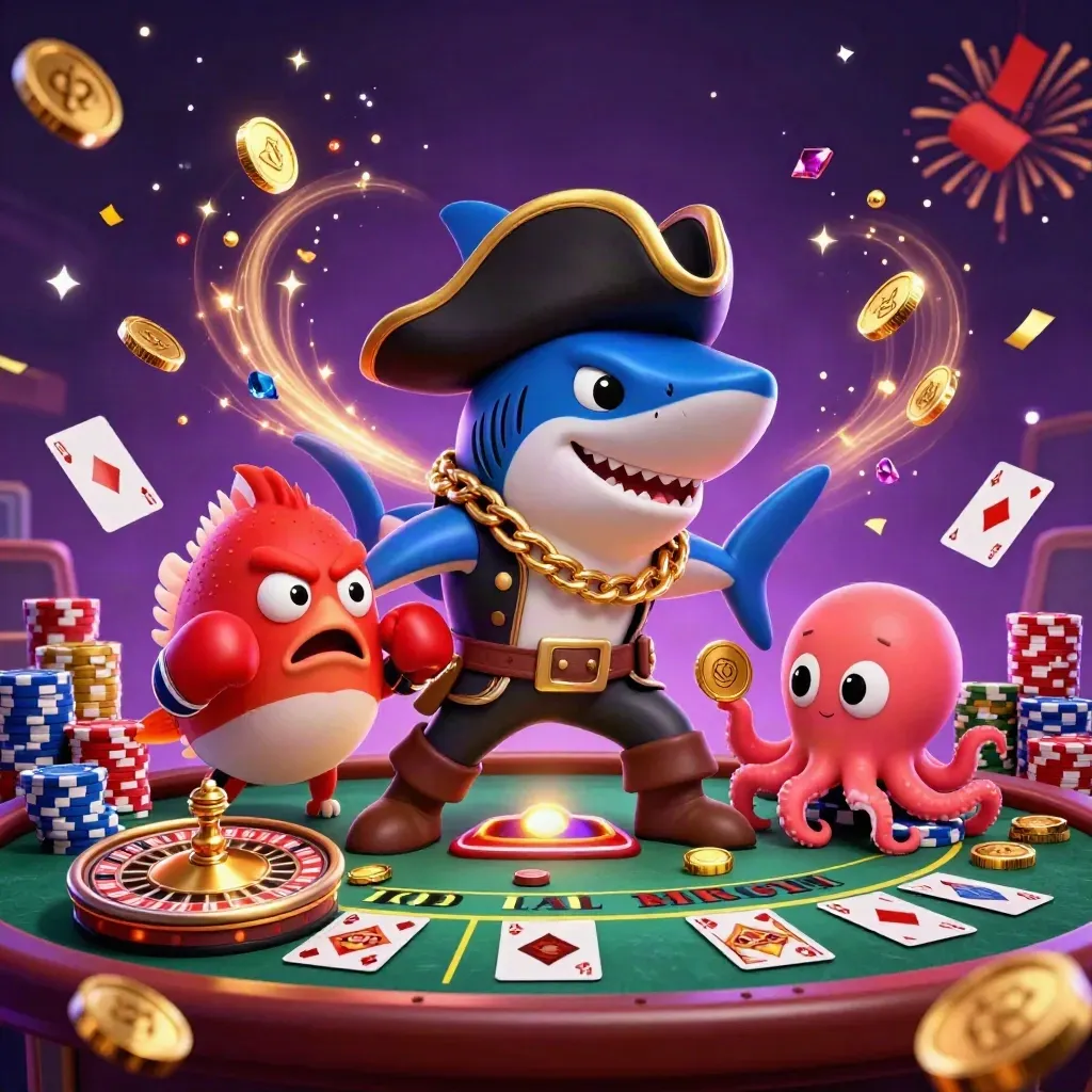 Pirate shark, red pufferfish and baby octopus in a glowing casino storm of coins and gems.