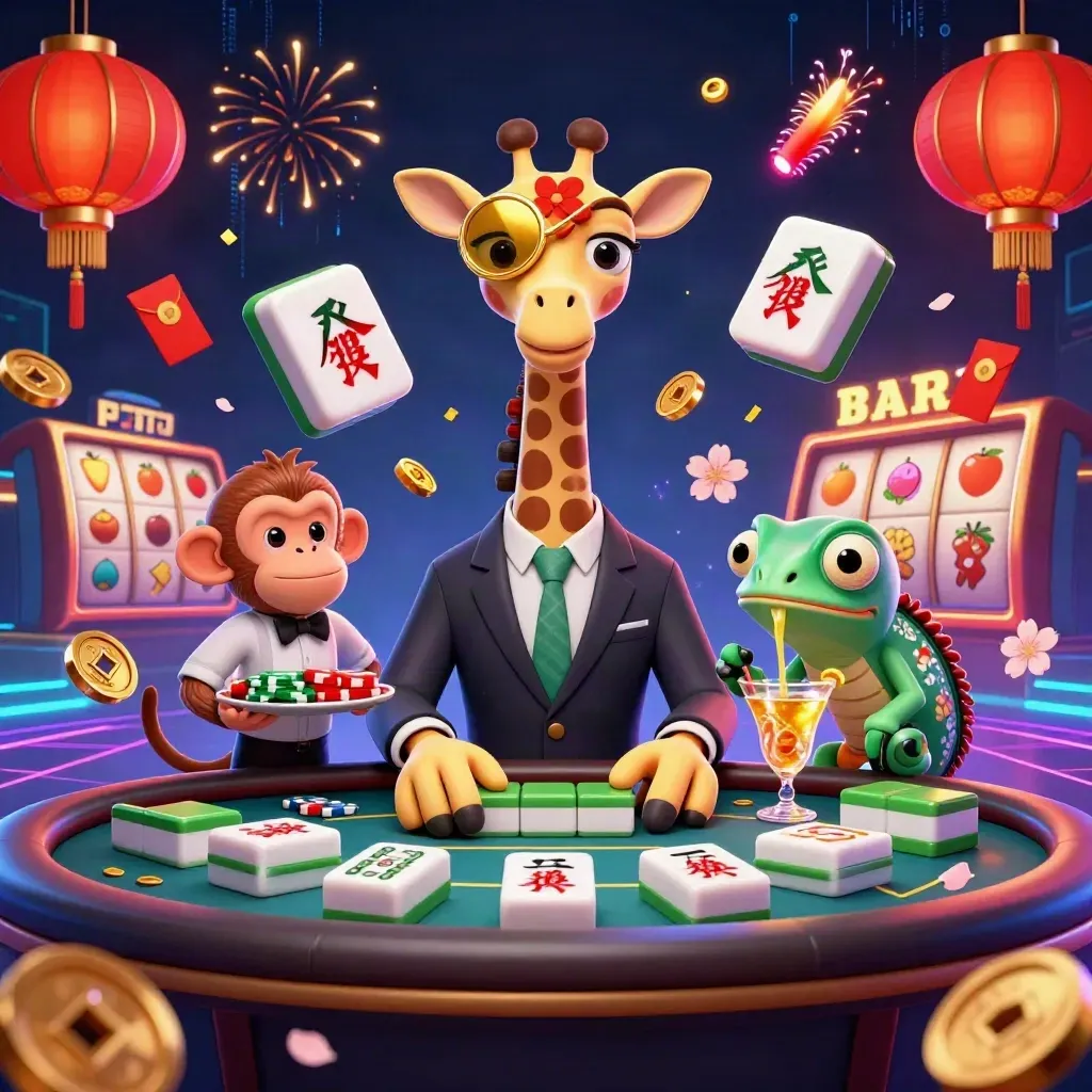 Giraffe, monkey, and chameleon casino crew amid gold chips, lanterns, petals, and neon energy.