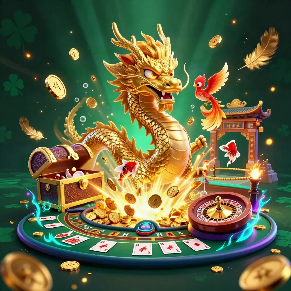 Golden dragon, red phoenix and koi explode around a treasure chest in a neon casino scene.