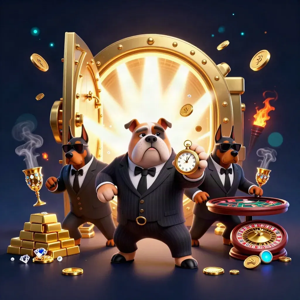 Mobster bulldog and bodyguards amid a vault blast, coins, jewels, roulette wheel, cards, and gold glow.