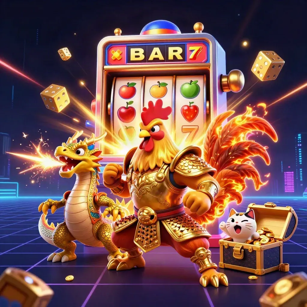 Rooster warrior, dragon hatchling and lucky cat amid exploding slots, dice and neon gold casino glow.