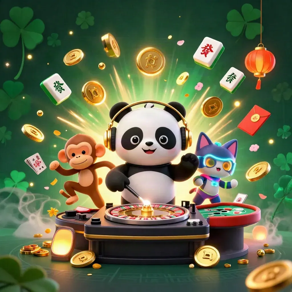 Panda DJ, dancing monkey and rave kitten amid gold coins, lanterns and casino lights.
