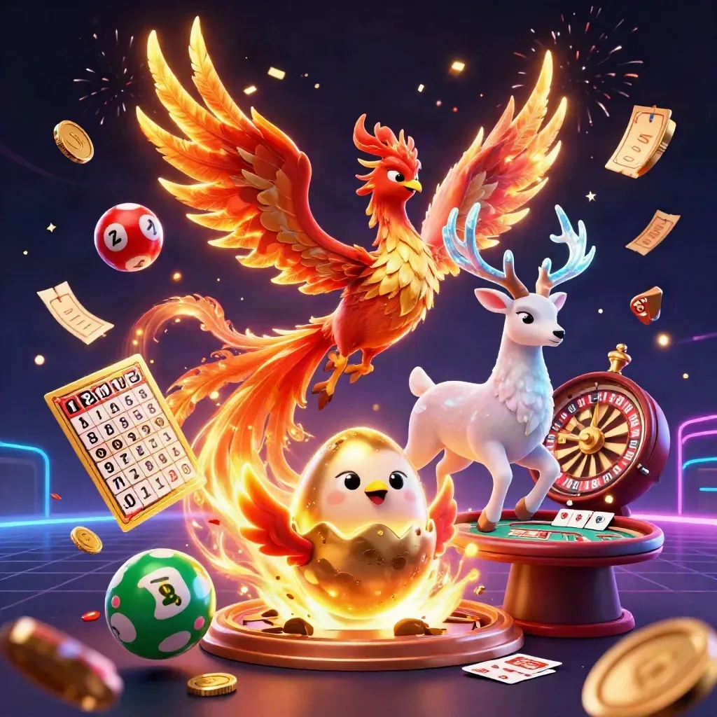 Phoenix, baby phoenix, and crystal stag amid casino gold, coins, fireworks, and neon lights.