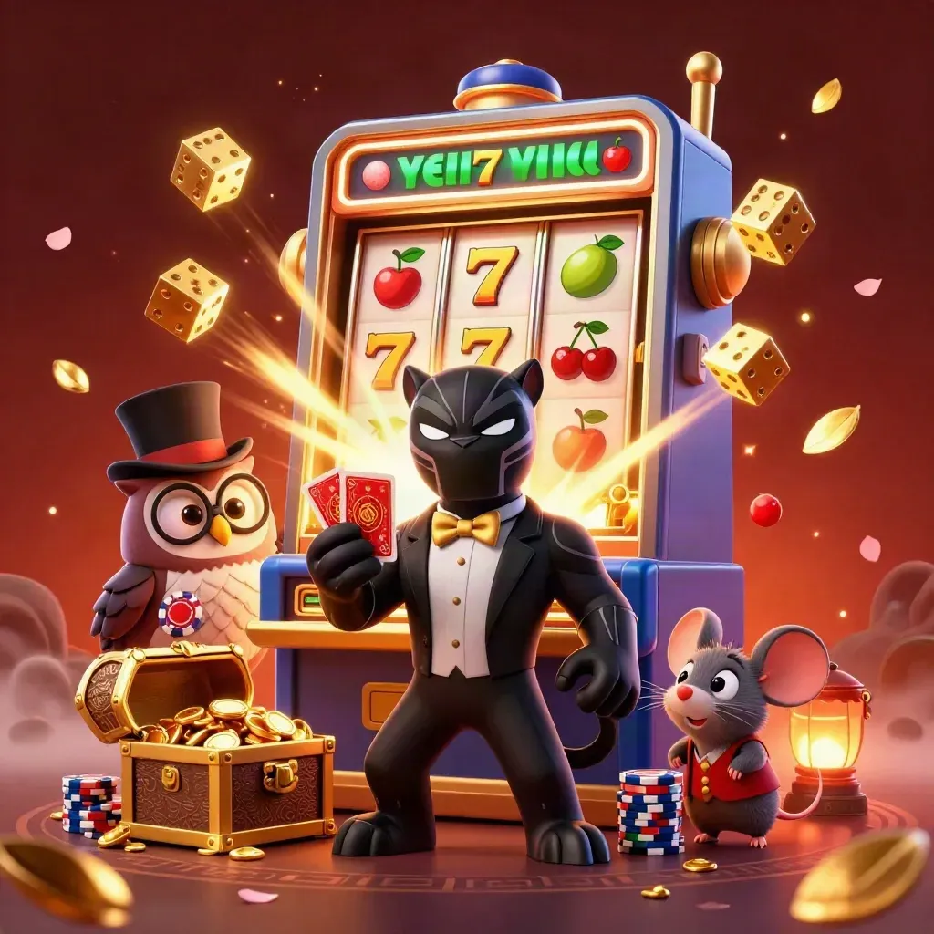 Panther, owl, and mouse around a bursting slot machine with gold chips and glowing dice.
