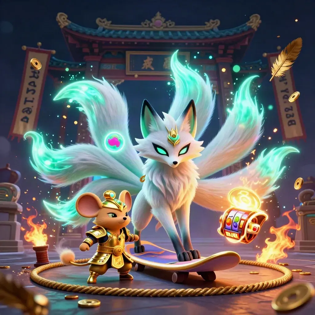 Nine-tailed fox spirit and armoured mouse amid casino energy in a dark neon temple scene