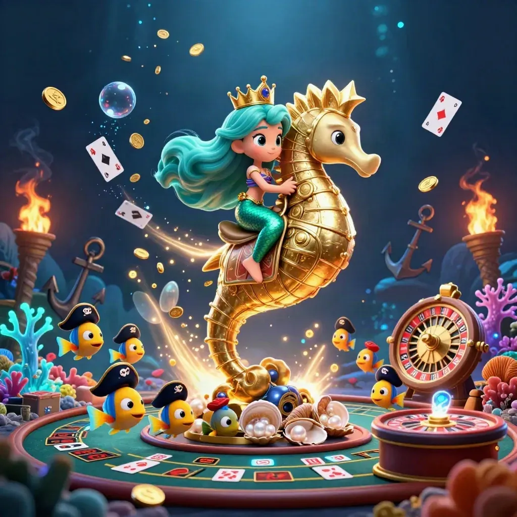 Mermaid princess on armored seahorse amid coins, cards, roulette wheel, and pirate fish.