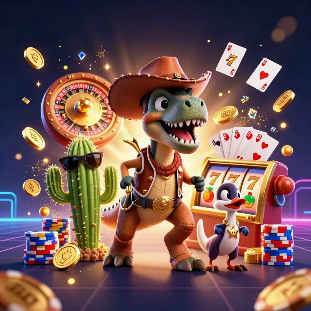Cowboy T-Rex, cactus, and roadrunner burst through casino reels, coins, cards, and glowing chips.