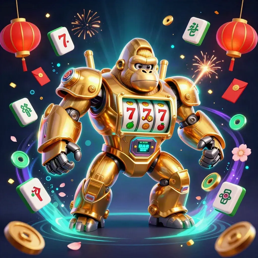 Golden gorilla slot mech with monkey pilot, reels, coins and lanterns on a neon dark casino background