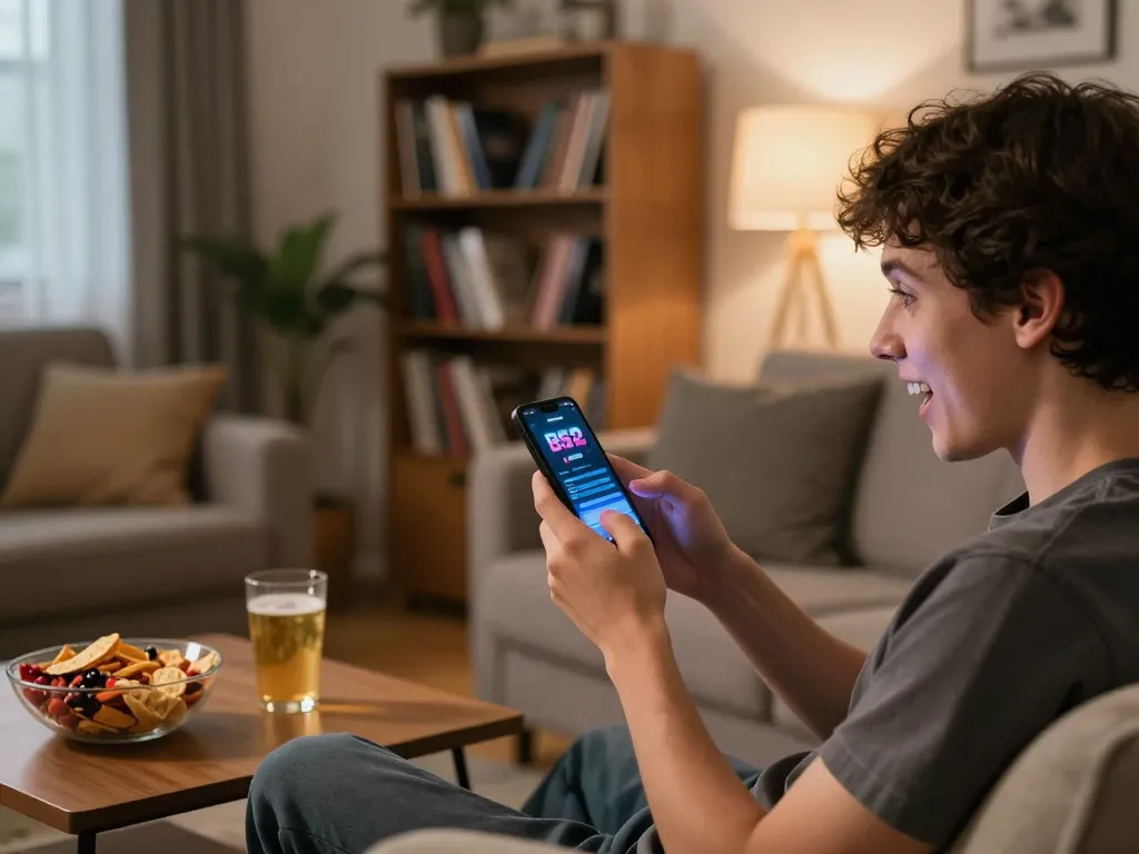 B52 Club mobile app engagement in cozy living room, highlighting exciting online gaming experience.