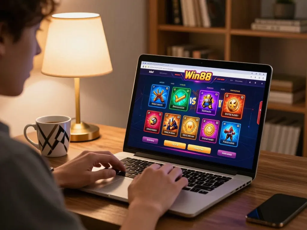 Player experiencing thrilling online gaming action at Win88 casino from a cozy home setup.