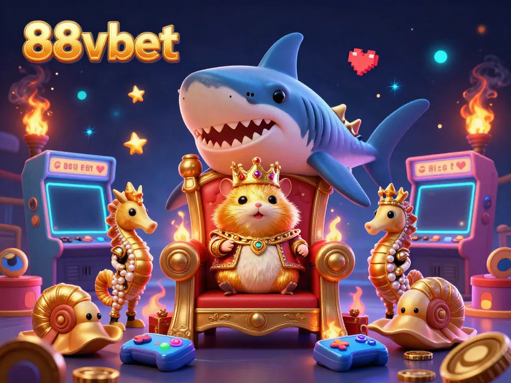 Experience the thrill of 88vbet with golden hamster king on a magnificent throne amid vibrant gaming elements.