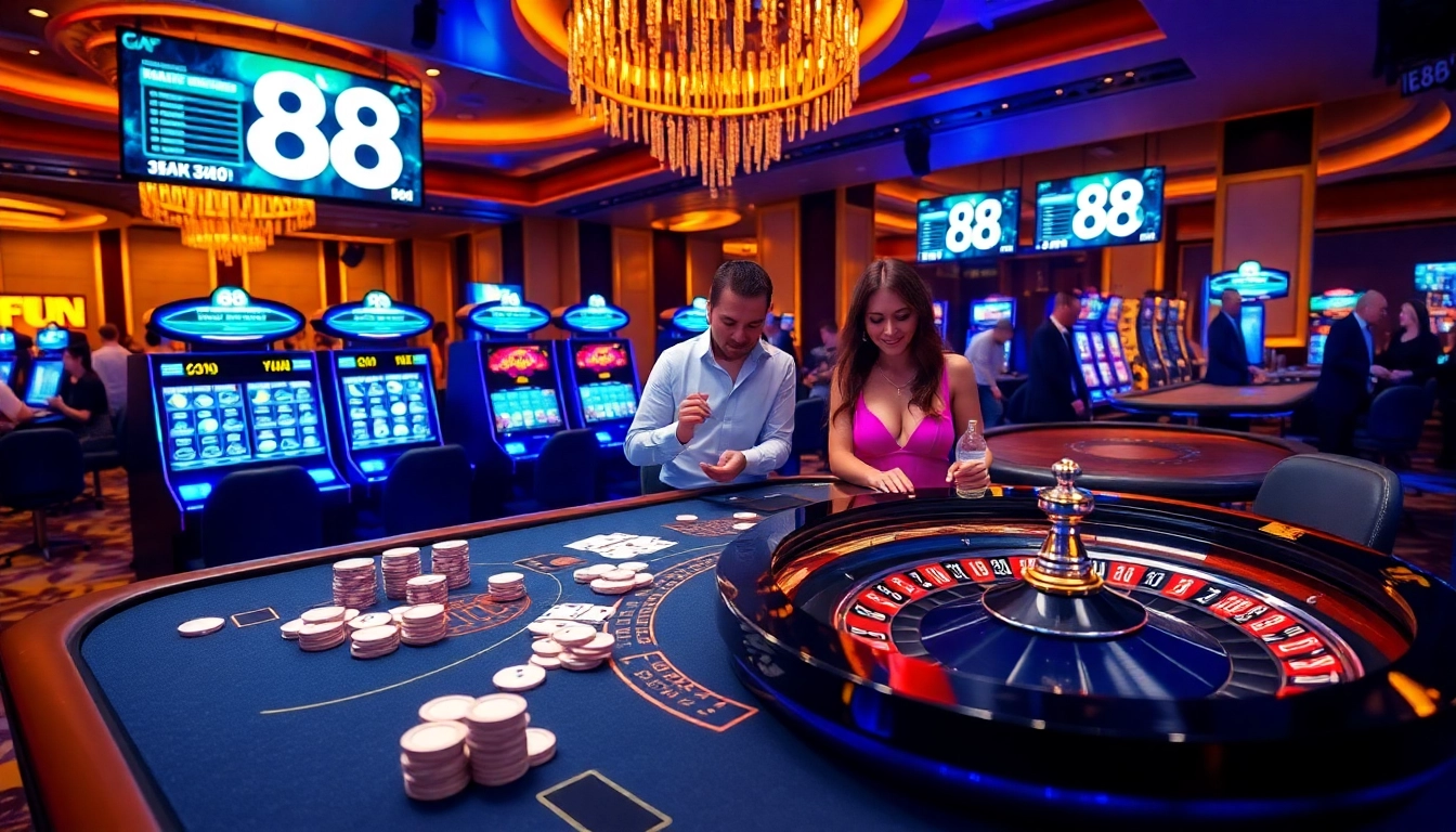 Exciting casino scene at Fun 88 featuring vibrant tables and professional dealers engaging players.